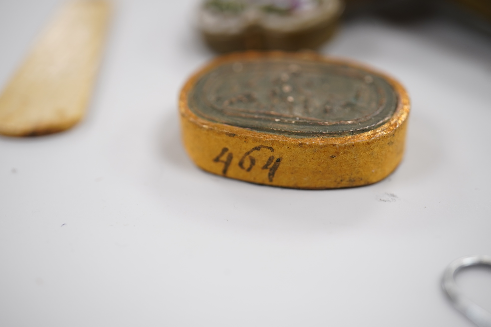 Objects of vertu and miscellaneous items to include mosaic cross, enamel jewels and brooches